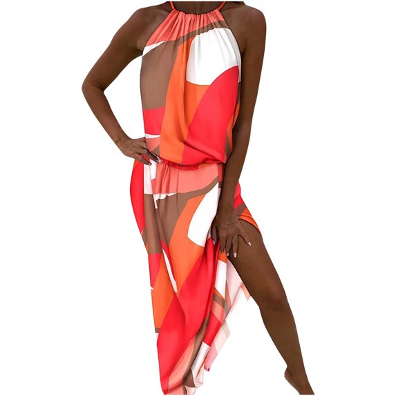 Cyber&Monday Deals Usmixi Summer Dresses for Women Beach Party Elastic Waist Slit Wrap Hem Strap Maxi Sundresses 2023 Sleeveless Halter Color Patchwork Long Formal Dress Orange XXL