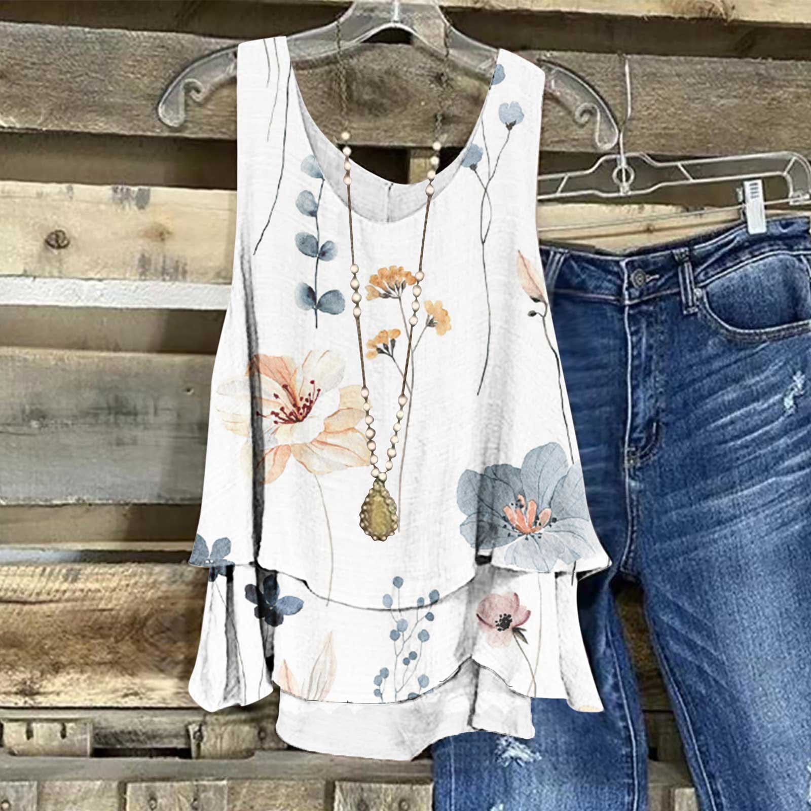 Cyber&Monday Deals Usmixi Summer Tank Tops Floral Print Round Neck