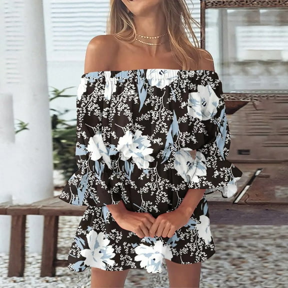 Usmixi Sundresses for Women Elbow-Length One Line Neck Butterfly Print Short Dresses Elastic Waist Hem Off Shoulder Beach Mini Sun Summer Dress Black xxl Clothes