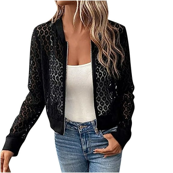 Usmixi Winter Womens Bomber Jacket Coat for Women Going out Party Club Sexy Lace Hollow out Jacket Fall Lightweight Thin Long Sleeve Stand Neck Zip up Outerwear Up to 65% off