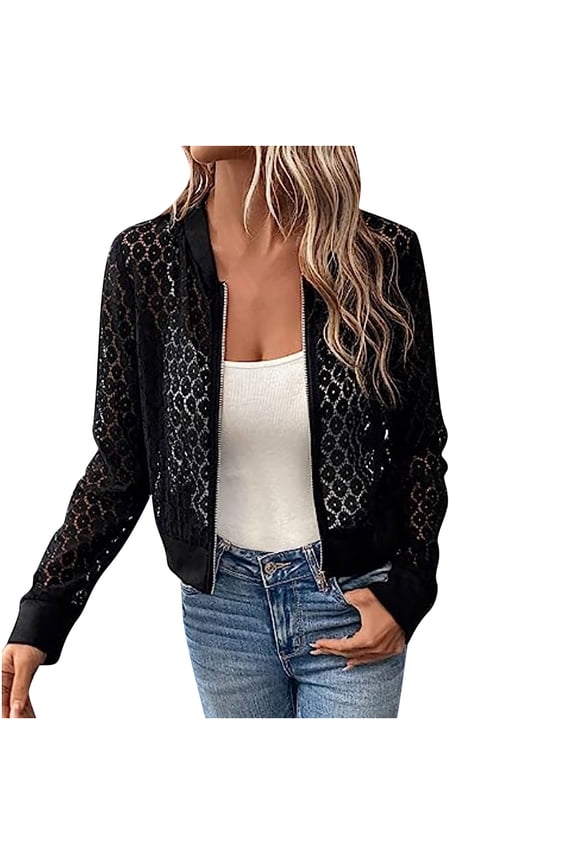 Usmixi Winter Womens Bomber Jacket Coat for Women Going out Party Club Sexy Lace Hollow out Jacket Fall Lightweight Thin Long Sleeve Stand Neck Zip up Outerwear Up to 65% off