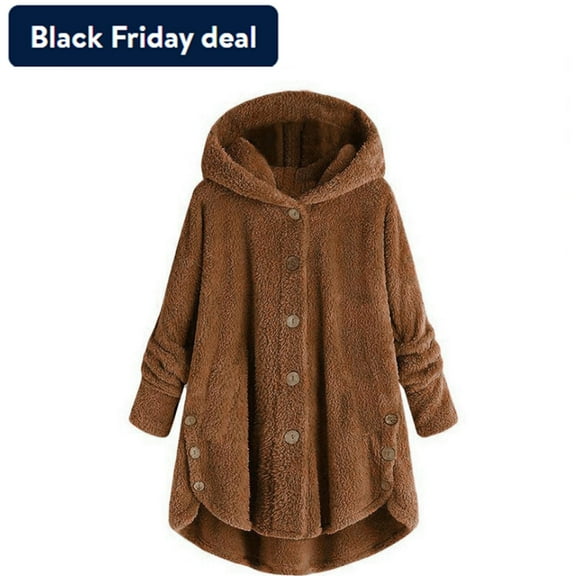 Usmixi Winter Womens Plush Coats Plus Size Overcoats for Women Winter Long Sleeve Fluffy Fleece Coats Casual Solid Button Down Loose Fuzzy Hooded Coats and Jackets Up to 65% off