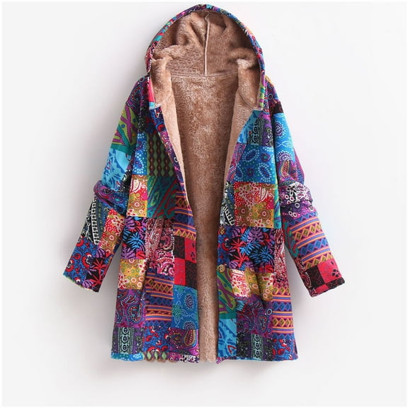 Usmixi Winter Womens Trench Jacket Hooded Overcoat for Women Vintage Ethnic Style Print Loose Plush Coat Winter Warm Thickened Long Sleeve Cozy Fleece Lined Jacket Up to 65% off