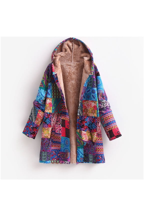 Usmixi Winter Womens Trench Jacket Hooded Overcoat for Women Vintage Ethnic Style Print Loose Plush Coat Winter Warm Thickened Long Sleeve Cozy Fleece Lined Jacket Up to 65% off