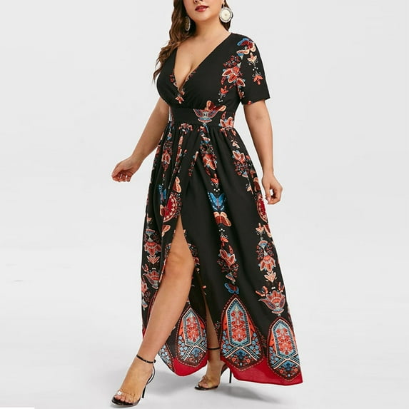 Usmixi Womens Dresses Plus Size Vintage Empire Waist Pleated Slit Swing A Line Party Long Dresses Fashion Butterfly Print V-Neck Short Sleeve Maxi Summer Dress Black XXXXL