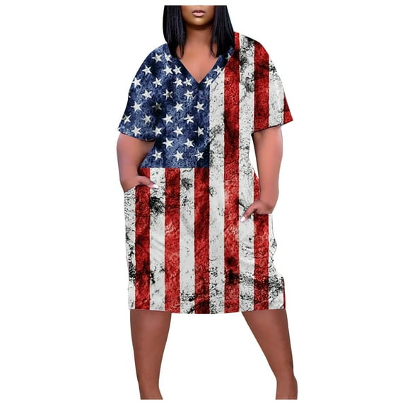 Usmixi Womens Independence Day Dresses 4th of July Patriotic Plus Size Pocket Tunic Midi Dresses Fashion Star Striped Print V-Neck Short Sleeve Knee-Length Summer Dress White l