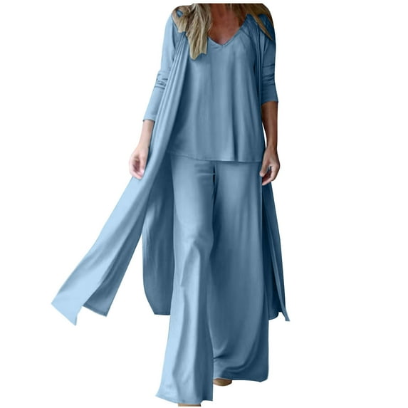 Usmixi Womens Lounge Set Womens 3 Piece Sets Fall Casual Solid Lightweight Plus Size Cardigan Shirt and Wide Leg Pant Outfit Sets Long Sleeve Ladies Loungewear Sets