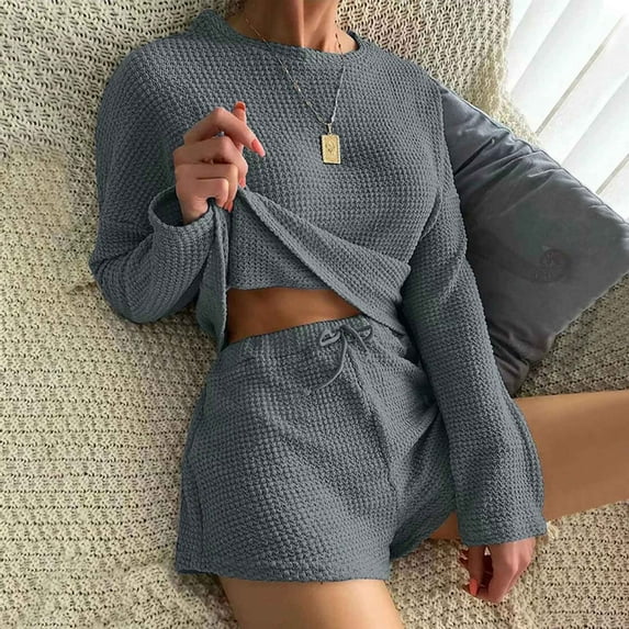 Cyber&Monday Deals Usmixi Womens Loungewear Set Winter Soft Knitted Ribbed 2 Piece Outfits Casual Long Sleeve Pullover Drawstring Shorts Sleepwear Pajamas Clearance under $5
