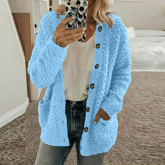 Usmixi Womens Plush Coat Fluffy Sherpa Coats for Women Button Down Open Fuzzy Fleece Sweatshirt Jacket Long Sleeve Casual Solid Outerwear with Pocket Winter Plush Coat