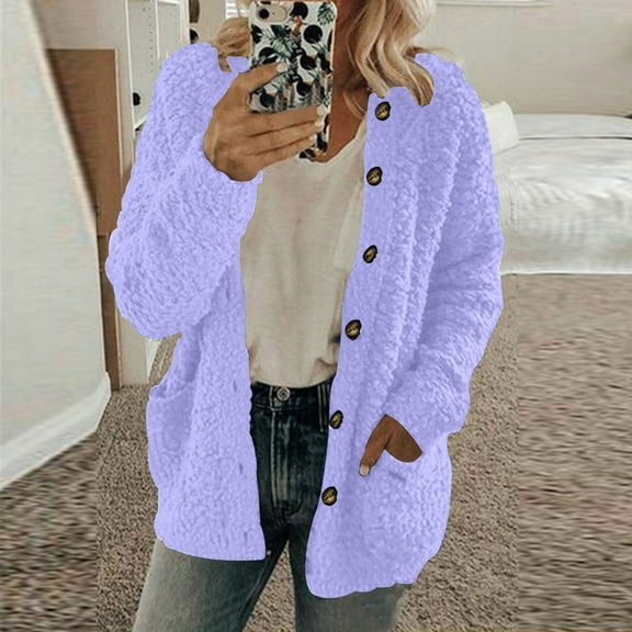 Usmixi Womens Plush Coat Fluffy Sherpa Coats for Women Button Down Open Fuzzy Fleece Sweatshirt Jacket Long Sleeve Casual Solid Outerwear with Pocket Winter Plush Coat