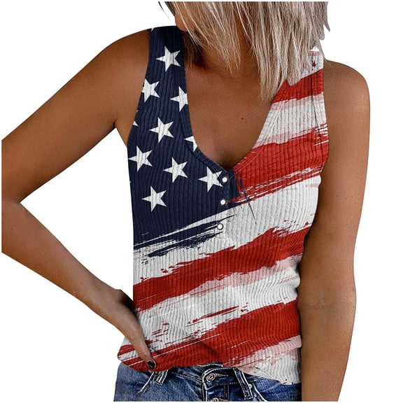 Usmixi Womens Tank Tops Fashion Button up Slim Knitted Ribbed Independence Day Patriotic Shirts Vest Summer Trendy USA Flag Print V-Neck Sleeveless Shirts Blouse Red XXL