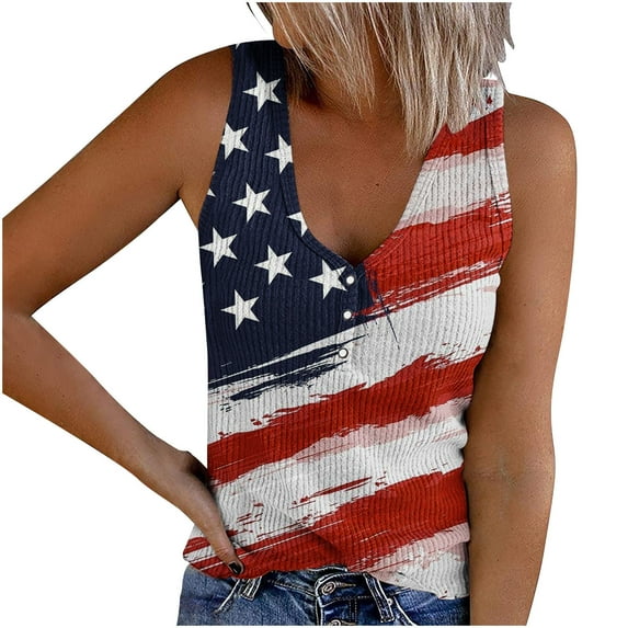 Usmixi Womens Tank Tops Fashion Button up Slim Knitted Ribbed Independence Day Patriotic Shirts Vest Summer Trendy USA Flag Print V-Neck Sleeveless Shirts Blouse Red m