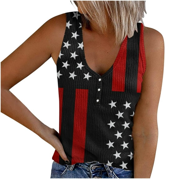 Usmixi Womens Tank Tops Fashion Button up Slim Knitted Ribbed Independence Day Patriotic Shirts Vest Summer Trendy USA Flag Print V-Neck Sleeveless Shirts Blouse Black XXL