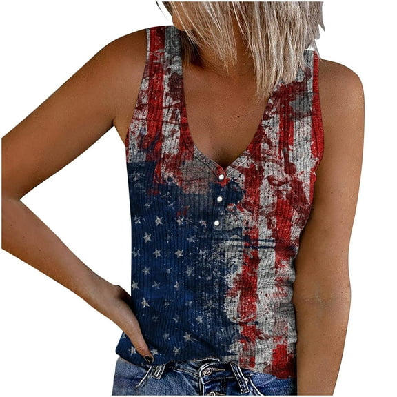 Usmixi Womens Tank Tops Fashion Button up Slim Knitted Ribbed Independence Day Patriotic Shirts Vest Summer Trendy USA Flag Print V-Neck Sleeveless Shirts Blouse Blue m