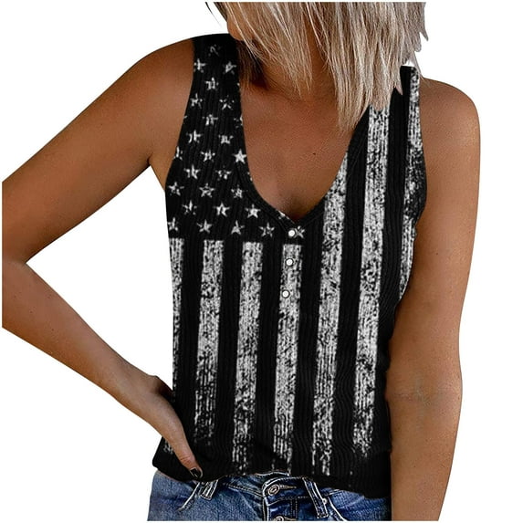 Usmixi Womens Tank Tops Independence Day Fashion Button Up Knitted Ribbed Patriotic Vest Shirts Summer Trendy Star Striped Print V-Neck Sleeveless Shirts Blouse Black m