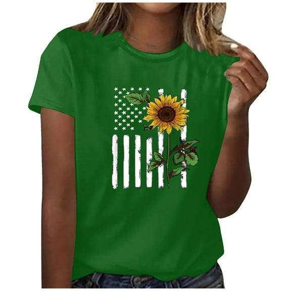 Usmixi Womens Tops Dressy Casual Summer Round Neck Sunflower Print Tees Sunflower Print Shirts 4th July Independence Day Casual Pullover Blouses Green m Under $5