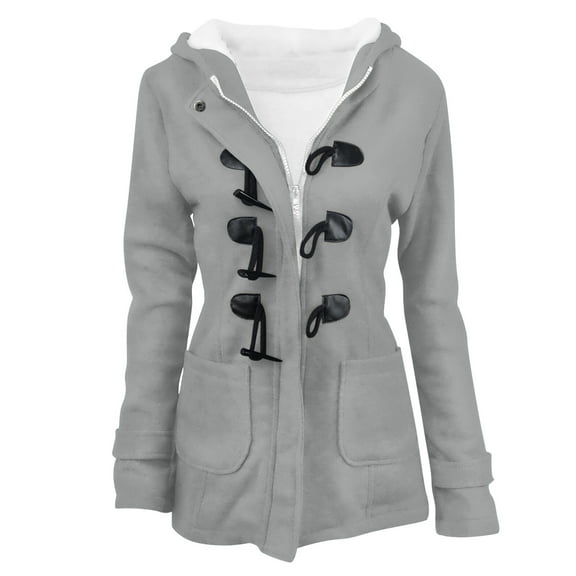 Usmixi Womens Winter Hooded Jacket Casual Coat Women Long Sleeve Warm Thickened Padded Jacket Fashion Horn Button Open Zipper Solid Outerwear with Pocket Hooded Jacket