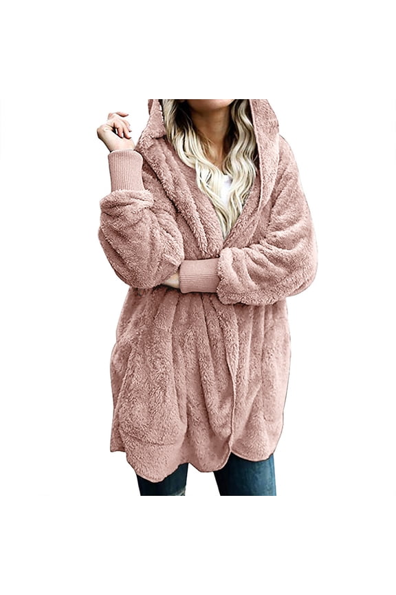 Plush Hoodie Sweater for Women Fall Winter Long Sleeve Warm Cardigan Outwear Solid Color Loose Open Front Hooded Coat with Pockets Pink L