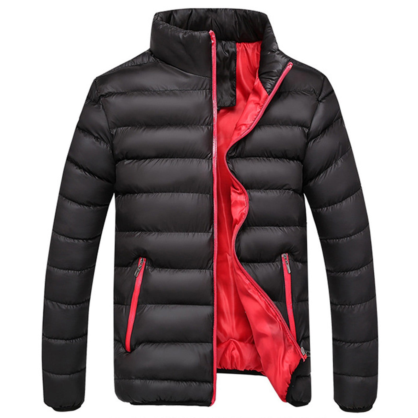 Cyber and Monday Deals VEKDONE Warm Jackets for Men Fall Winter Long Sleeve Puffed Coat Plus Size Stand Collar Down Jacket Solid Color Outwear with
