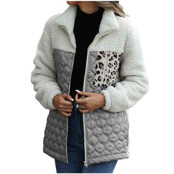 2023 Plush Coat for Women Quilted Fleece Jacket for Women Vintage Leopard Patchwork Stand Neck Outerwear Open Zipper Plush Sweater Coat with Pocket Winter Plush Coat