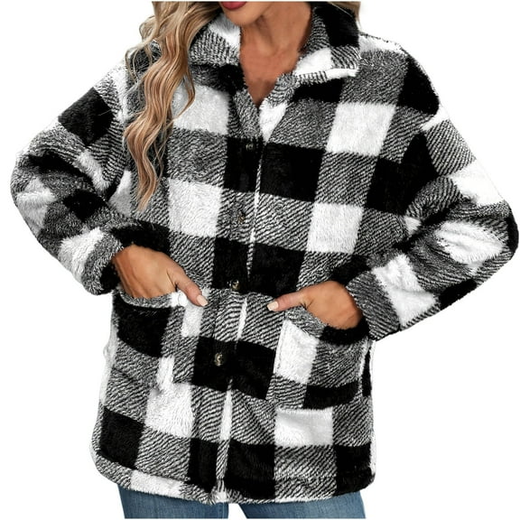 2023 Plush Coat for Women Womens Fleece Jacket Classic Plaid Print Button up Lapel Fuzzy Furry Coat Long Sleeve Fluffy Flannel Outerwear with Pocket Winter Plush Coat