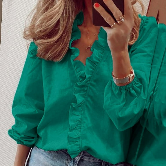 Usmixi Winter Shirts for Women Womens Long Sleeve Tshirts Fashion Ruffle Layer Trim Solid V Neck Pullover Tops Plus Size Loose Lightweight Comfy Fall Blouses 2025 Shirts