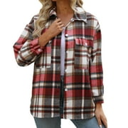 USMIXI Cyber&Monday Deals Weekly Deals Shacket Jacket for Women Plaid Jacket for Women Classic Button Down Lapel Shirt Coat Long Sleeve Cozy Fleece Woolen Jacket Outerwear with Pocket Winter Shacket Jacket