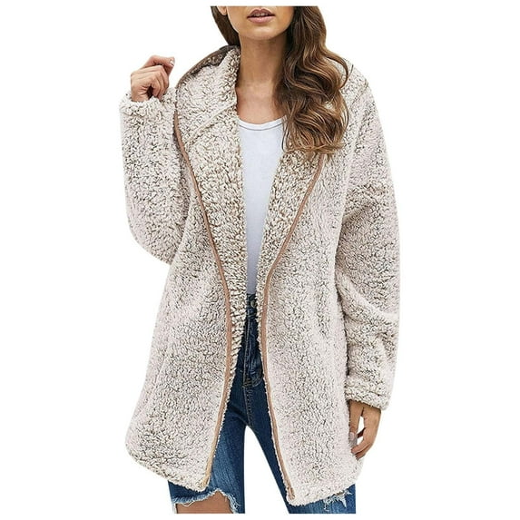 Cyber&Monday Deals Winter Fleece Jacket for Women Womens Double Side Plush Coats Loose Long Sleeve Open Front Hooded Cardigan Casual Solid Fluffy Fleece Outwear with Pocket 2023 Jacket Holiday Deals