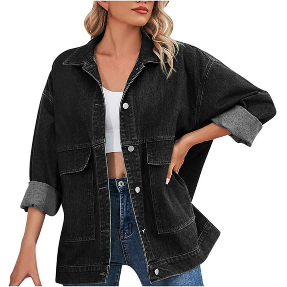 Winter Womens Denim Jacket Womens Jean Coats Vintage Button Down Lapel Stretchy Denim Coats Long Sleeve Casual Solid Loose Jean Outerwear with Pocket 2023 Denim Jacket