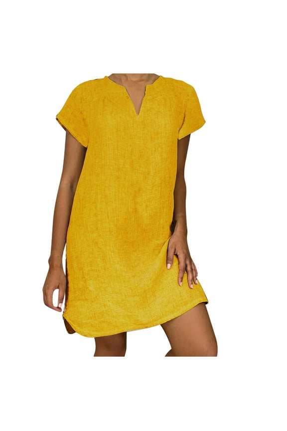 Women's Shift Dress V-Neck Short Sleeve Cotton Line Dresses Solid Color Loose Fit T-Shirt Tunic Short Dres
