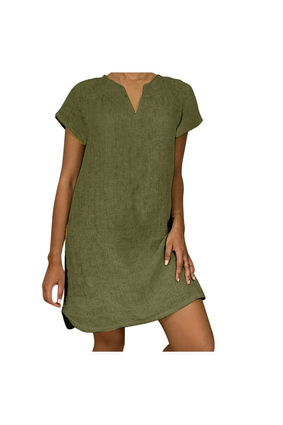 Sundresses for Women Casual Summer - Women's Shift Dress V-Neck Short Sleeve Cotton Line Dresses Solid Color Loose Fit T-Shirt Tunic Short Dres