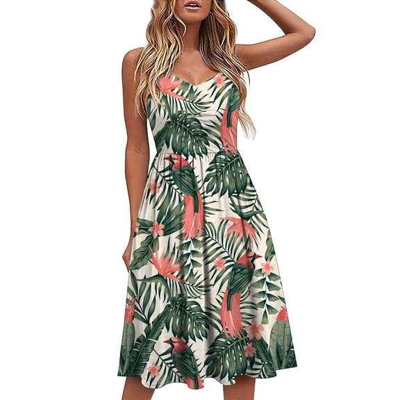 Women's Sleeveless Spaghetti Straps Summer Midi Cami Dress Casual Beach Dresses Floral Party Backless Sundress