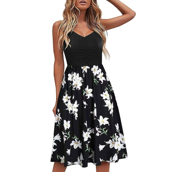 Women's Sleeveless Spaghetti Straps Summer Midi Cami Dress Casual Beach Dresses Floral Party Backless Sundress
