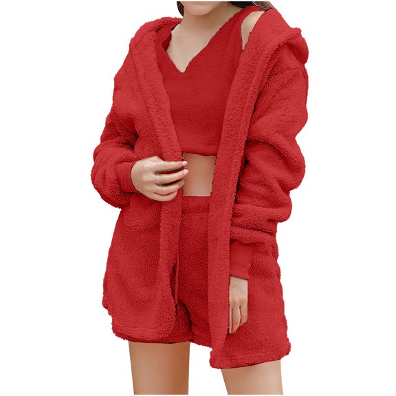 Womens Loungewear Set Womens Fleece Pajamas Sets Cozy Fluffly Plush 3 Piece Outfits Fuzzy Cardigan Coat Tank and Shorts Homewear Sets Sleepwear Lounge Matching Sets
