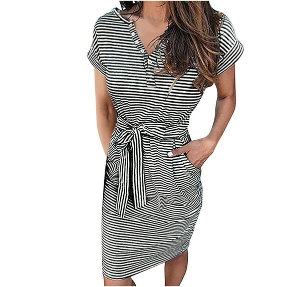 Cyber&Monday Deals Womens Striped Short Sleeve T Shirt Dress Summer Casual Tie Waist Button V Neck Tunic Beach Sun Dress with Pockets