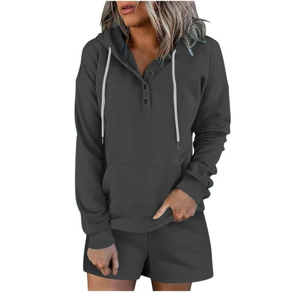 Womens Sweatsuits Set 2 Piece Outfits for Women Fashion Drawstring Button Hoodies Sweatshirt Shorts Lounge Sets Casual Solid Sports Hooded Tracksuit Sets with Pocket