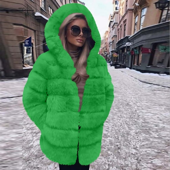 Womens Winter Faux Fur Coat Fluffy Plush Coat for Women Plus Size Fuzzy Fleece Open Front Hooded Outerwear Casual Solid Fuzzy Fleece Jacket with Pocket Faux Fur Coat