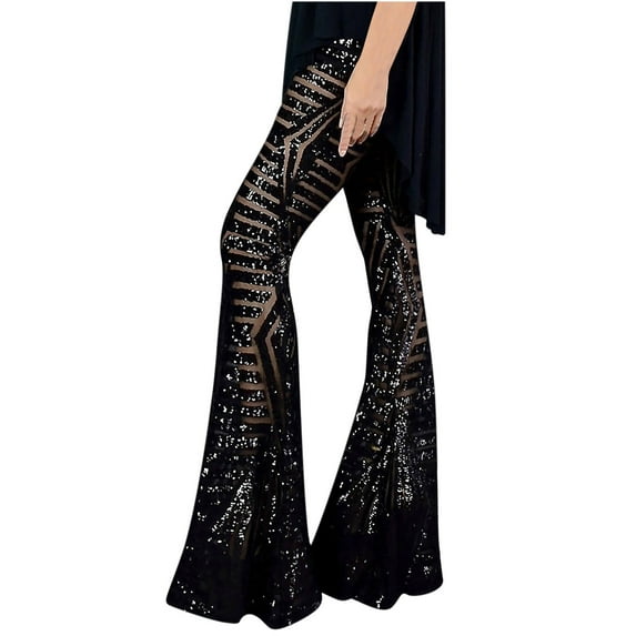 Cyber_Monday Deals Xihbxyly Clearance Women's Sequin Flare Pants High Waist Wide Leg Palazzo Lounge Pants Bell Bottoms Trousers Loose Draping Pants Women's Pants Sequins Party Clothes Black XL
