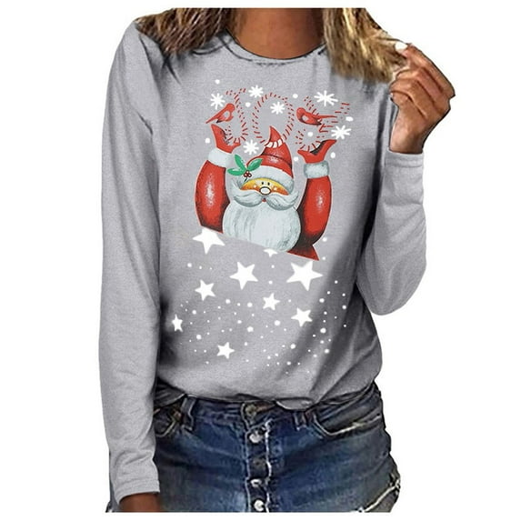 Cyber&Monday Deals pimelu Christmas Shirts Clearance Christmas Tops for Women Loose Fashion Star Santa Claus Graphics Pullover Blouses Ladies Lightweight Round Neck Long Sleeve Tshirt