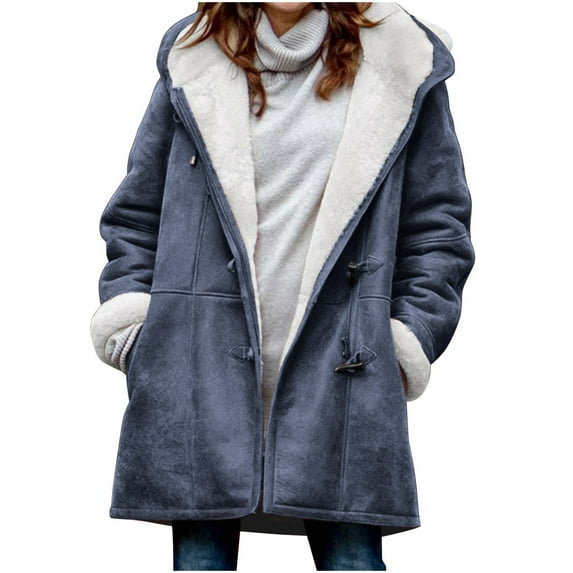 Cyber路Monday Deals yoeyez Winter Coats for Women 2025 Warm Plus Size Fleece Lined Jackets Button Down Sherpa Fur Hooded Parka Peacoat Outerwear Navy X-Large
