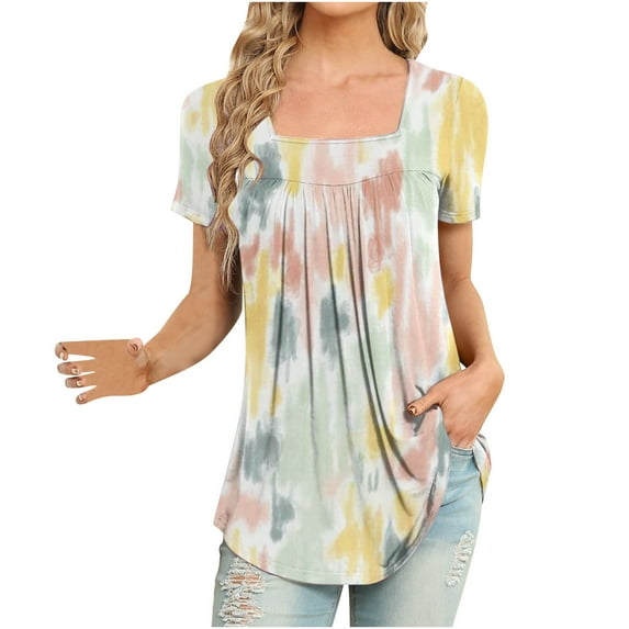 Cyber_Monday Dress Shirts for Women, Women's Short Sleeve Tunic Shirt Pleated Mesh Blouses Summer Floral Tops Square Collar Loose Pleated Tunic Tops to Wear with Leggings # Things Under 5 Dollars #5