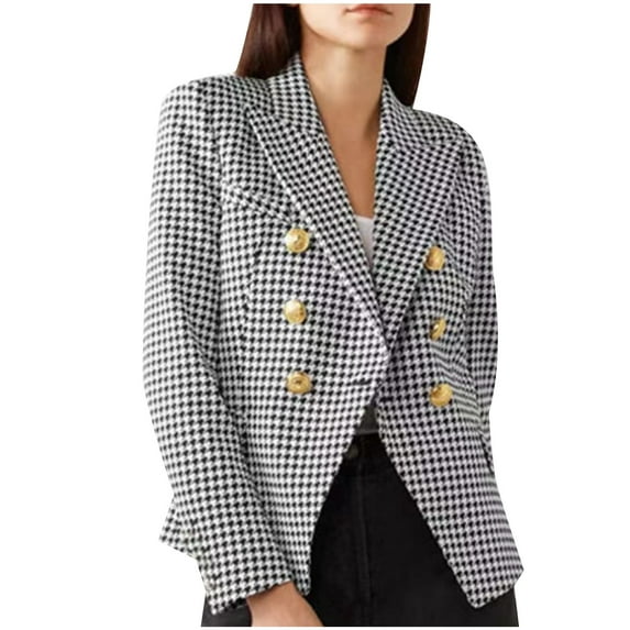 Cyber,Monday Sale Deals Under $10 Fayshow0 Women'Swinter Small Suit Houndstooth Style Suit Double Breasted Coat,Beige Xl