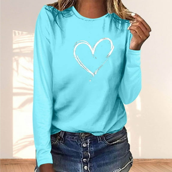 Xqxayjr Women's Long Sleeve Heart Printed Tops Loose Fit Fall Sweatshirts Casual Graphic Crew Neck T Shirts Comfy Shirts Clothing