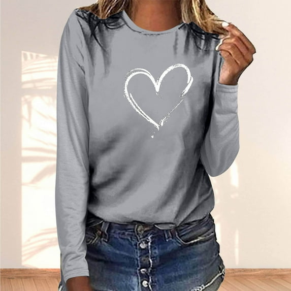 Xqxayjr Women's Long Sleeve Heart Printed Tops Loose Fit Fall Sweatshirts Casual Graphic Crew Neck T Shirts Comfy Shirts Clothing