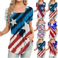 thumbnail image 1 of Cyber_Monday Tops for Women, July of 4th Shirt for Women Summer V Neck Short Sleeve American Flag Clothes Patriotic Outfit Top Pleated Mesh Blouses Loose Fitting Tops for Women # Sales & Deals #5, 1 of 6