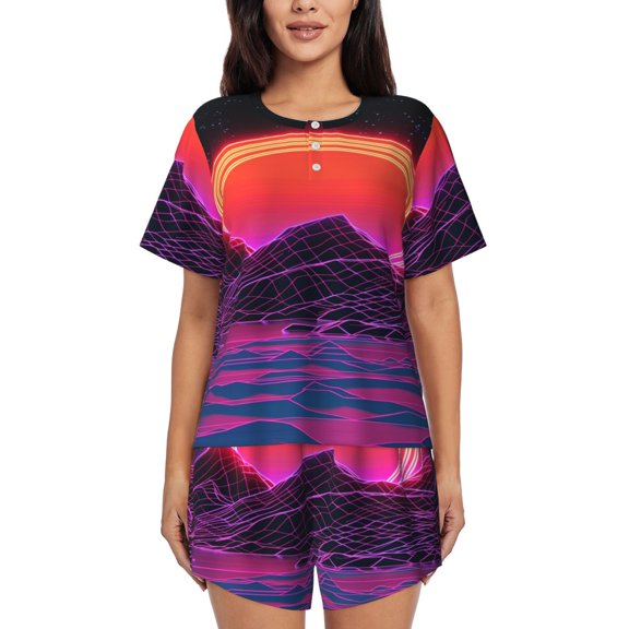 Cyber Neon Mountains (12) Womens Pajamas Short Set Soft Short Sleeve Sleepwear Button Down Pjs Set with Pockets S XXL Small
