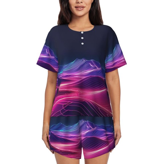 Cyber Neon Mountains (6) Womens Pajamas Short Set Soft Short Sleeve Sleepwear Button Down Pjs Set with Pockets S XXL Small