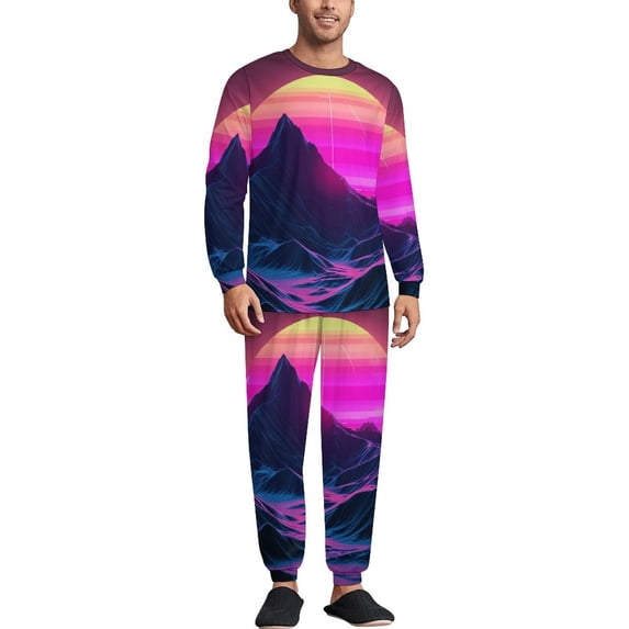 Cyber Neon Mountains Men's Pajama Set Sleepwear Pjs Lightweight Long Sleeve Crewneck Shirts and Bottoms Soft Comfy Sleep Sets XL