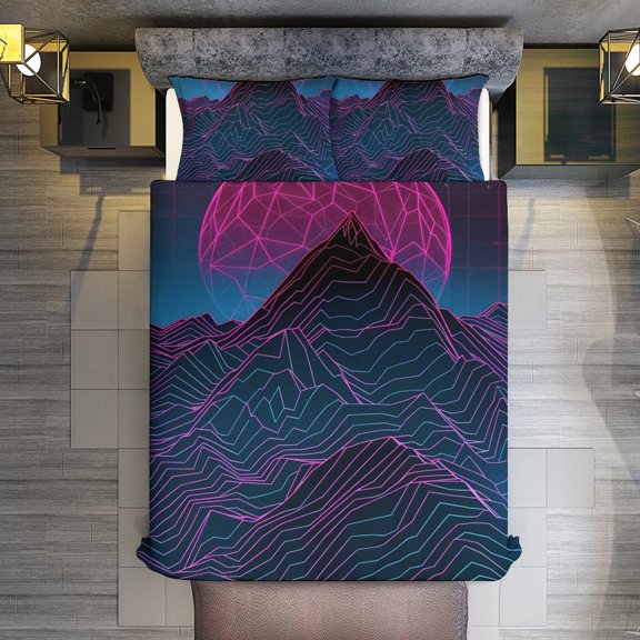 Cyber Neon Mountains Quilt Cover Set Fashionable Printed Bedding Covers with Pillowcase Home Textiles, Twin (68"x86")