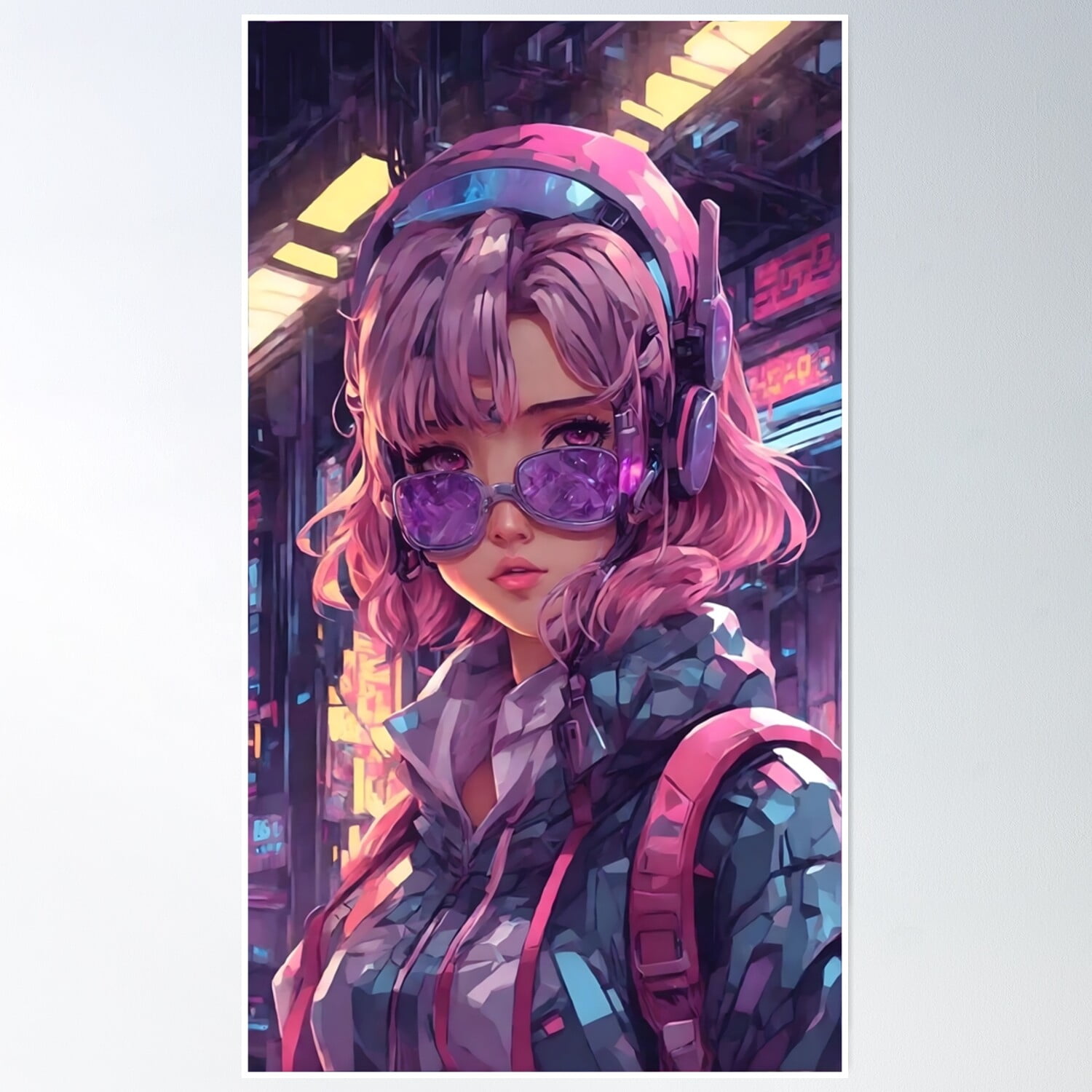 Cyber Preppy Kawaii Hoodie Headphone Anime Girl Poster Wall Art, Modern